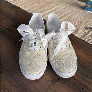 Brand new Sparkly white keds with ribbon laces, size 7.5